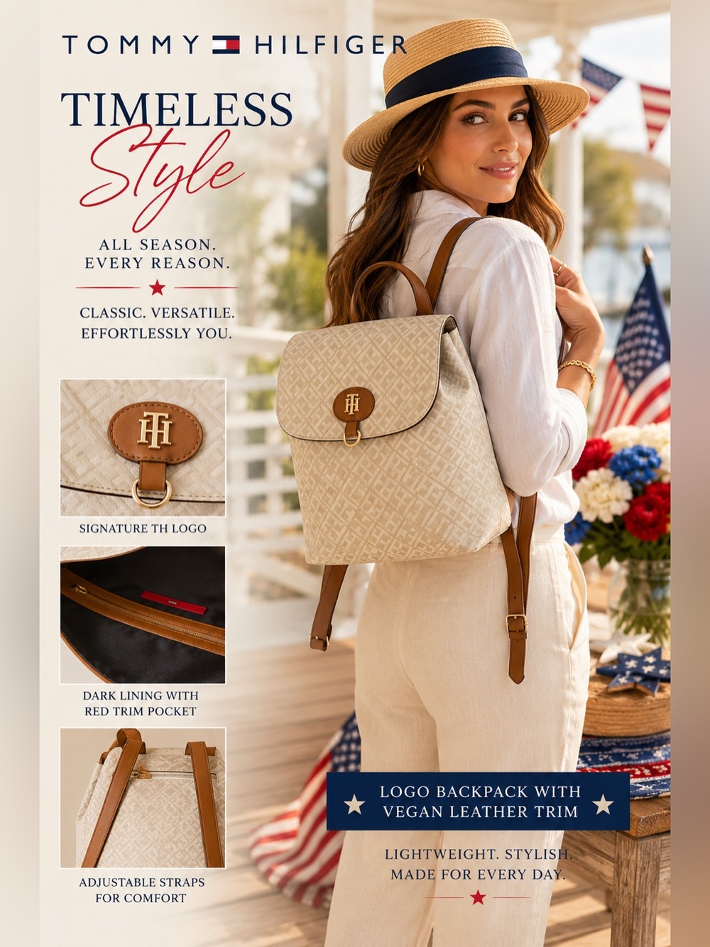 Tommy Hilfiger Signature ‎ Logo Backpack With Vegan Leather Trim | 12" X 10" - Picture 2 of 16